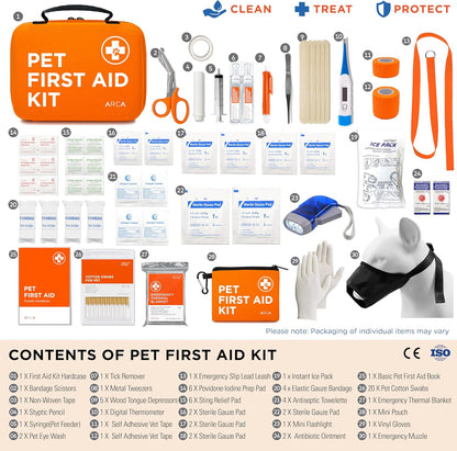 Cat & Dog First Aid Kit for Car - Pet Emergency Kit for Home Office Travel – Dog Camping Essentials with Digital Thermometer, Muzzle & Mini First Aid Pouch