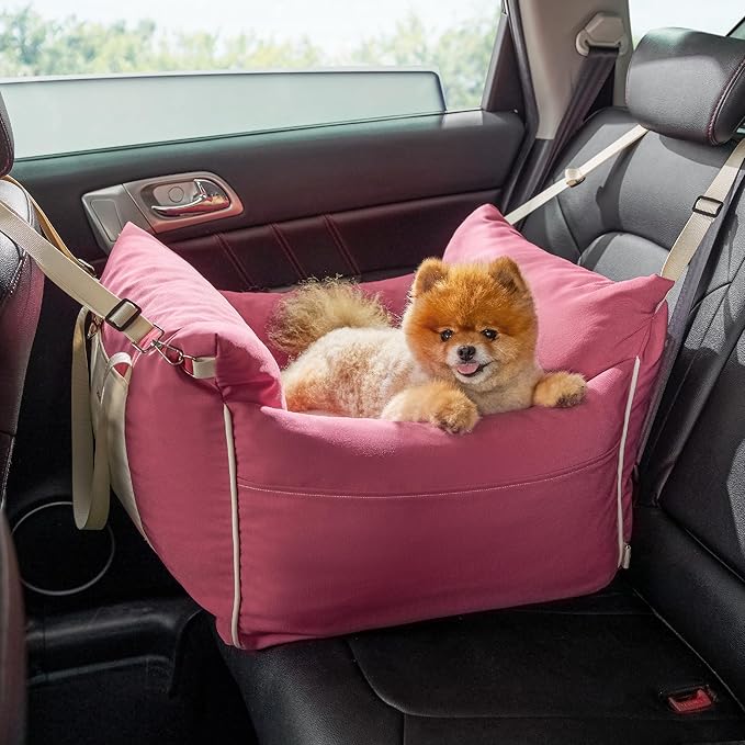 Lesure Small Dog Car Seat for Small Dogs - Waterproof Dog Booster Seat for Car with Storage Pockets and Clip-On Safety Leash and Thickened Memory Foam Filling, Pet Travel Carrier Bed Rose Red