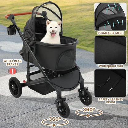 Pet Stroller with 4 Wheels, Foldable Pet Travel Carrier for Small/Medium Dogs Cats up to 50lbs, Detachble Portable Pet Bag, Storage Basket, Car Seat 3 in 1 Multifunctional (Black)