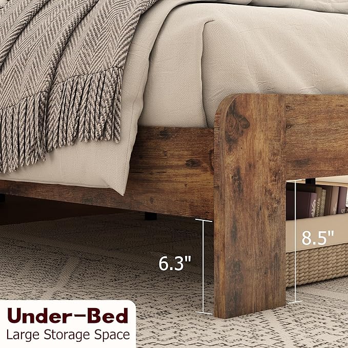Wooden King Size Bed Frame with Storage Headboard, Farmhouse Platform Bedframe with Charging Station & Led Lights, Sturdy Wood Slat Framework, Easy Assembly (Rustic Brown Led)