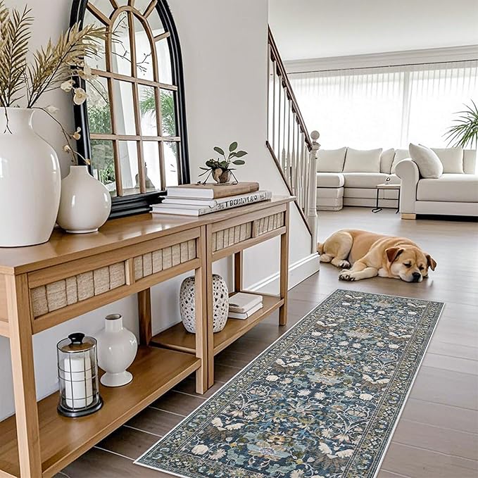 Washable Vintage 2x6 Bathroom Rugs: Soft Carpet with Non-Slip Backing for Hallway Entryway Kitchen Stain-Resistant Bedroom Floor Mat – Gifts for Newlyweds/Household Home Decor (2x6,Floral/Blue)