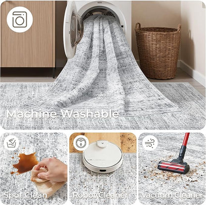 3x12 Runner Rug for Hallway, Non-Slip Long Bathroom Rugs Runner for Kitchen, Bedroom, Soft Vintage Abstract Washable Rug for Entryway, Thin Floor Mat for Dining Room(3'x12', Grey/Ivory)