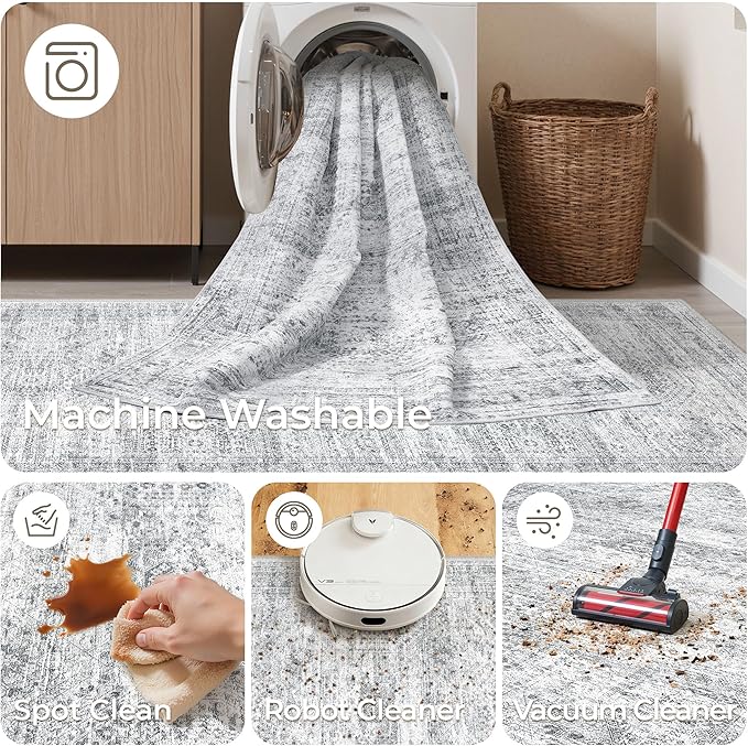 3x16 Washable Runner Rug for Hallway, Non-Slip Long Hallway Runner for Entryway, Soft Vintage Kitchen Mats for Floor, Abstract Dining Room, Bedroom, Living Room Rugs(3'x16', Grey/Ivory)
