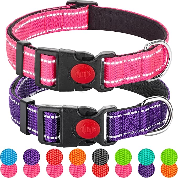 2 Pack Reflective Dog Collars for Medium Large and Small Breed Dogs Male Female,Padded Soft Durable Nylon Neoprene Collar for Puppy Dogs Girl Boy with Quick Release Safety Buckle,Pink,Purple,L