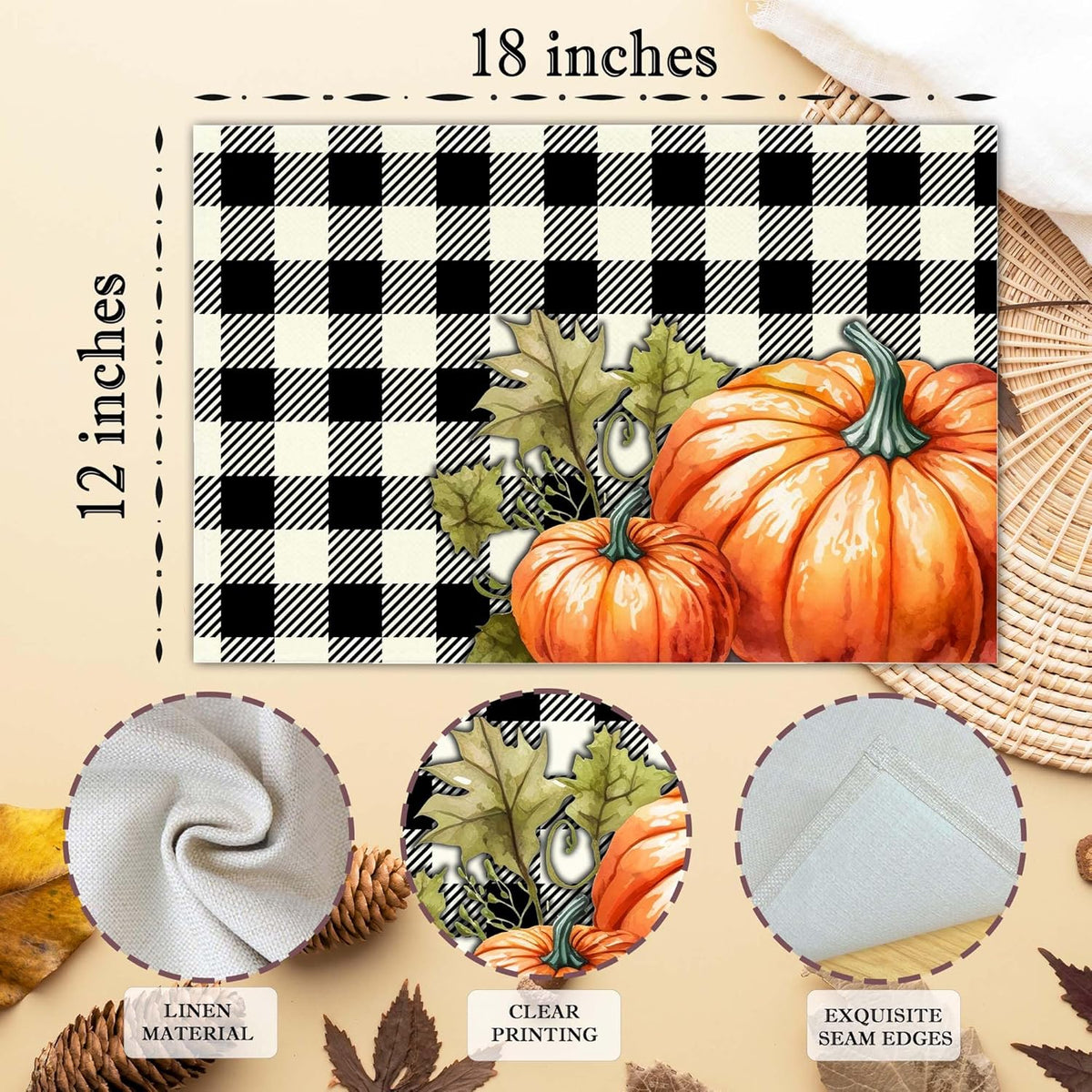 Hello Pumpkin Placemats Set of 4, 12x18 Inch Black Fall Buffalo Plaid Table Mats, Washable Heat Resistant Place Mats for Kitchen Dining Table, Autumn Home Farmhouse Decor-B02