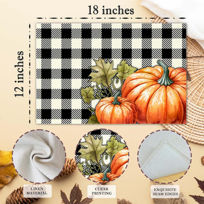 Hello Pumpkin Placemats Set of 4, 12x18 Inch Black Fall Buffalo Plaid Table Mats, Washable Heat Resistant Place Mats for Kitchen Dining Table, Autumn Home Farmhouse Decor-B02