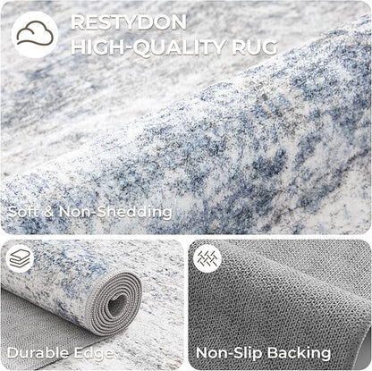 2x5 Rug Runner Washable for Entryway, Soft Bathroom Rugs with Non-Slip Backing, Abstract Low Pile Hallway Runner, Vintage Small Kitchen Carpet for Laundry Room(2'x5', Blue/Brown/Ivory)