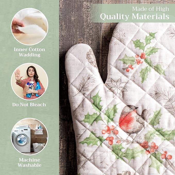 Maison d' Hermine Oven Gloves 100% Cotton Oven Mitt 7" x 13" with Loop Heat Resistant BBQ Cooking Gloves for Thanksgiving Christmas Decorations Baking Handling Hot Pans (Pack of 1, Christmas Dew)