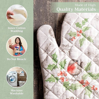 Maison d' Hermine Oven Gloves 100% Cotton Oven Mitt 7" x 13" with Loop Heat Resistant BBQ Cooking Gloves for Thanksgiving Christmas Decorations Baking Handling Hot Pans (Pack of 1, Christmas Dew)