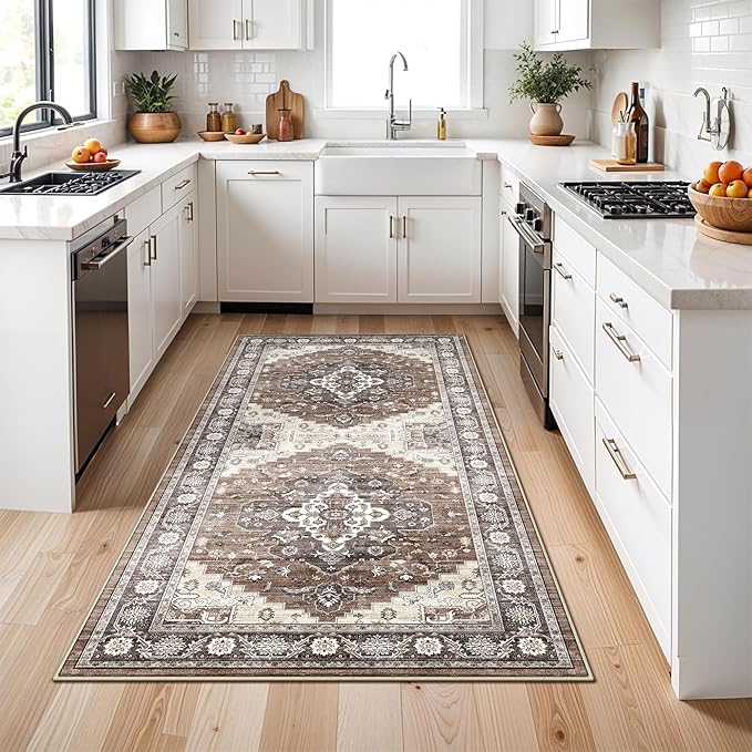4x8 Washable Hallway Area Rug: Vintage 8ft Soft Runner Rug for Living Room Entryway Non Slip Water Resistant Wide Soft Carpet for Kitchen Bedroom Thin Floor Mat for Bathroom Dining Room(Brown,4x8)