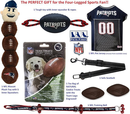 NFL New England Patriots PET GIFT BOX with 2 Licensed DOG TOYS, 1 Logo-engraved NATURAL DOG TREAT, 1 NFL JERSEY, 1 NFL Puppy Training Bells & 1 Car Seatbelt