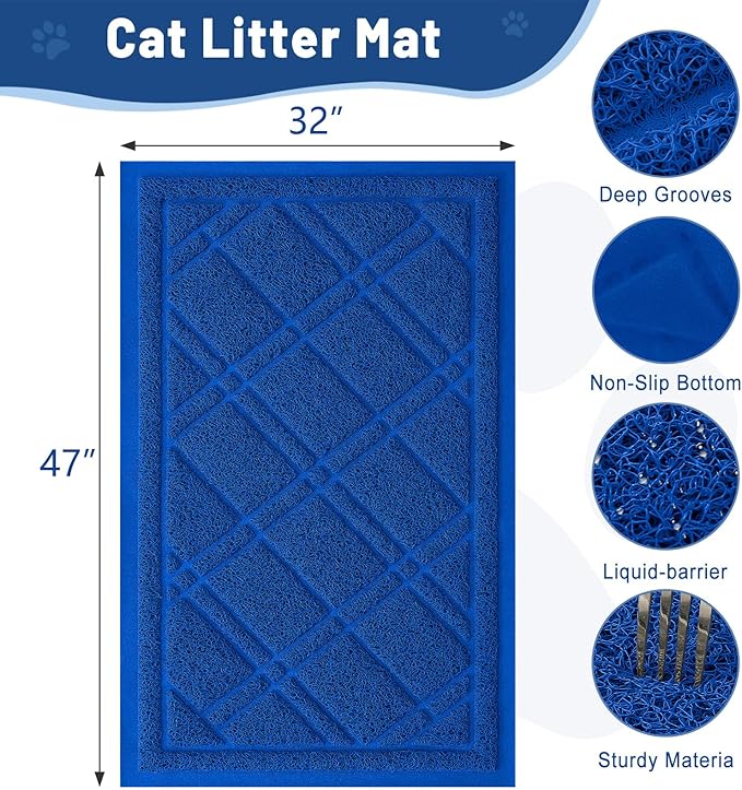 Smiry Cat Litter Box Mat 47x32, Non-Slip Water Resistant Litter Trapping Mat, Easy Clean Less Waste and Urine-Locking Cat Carpet for Indoor, Blue