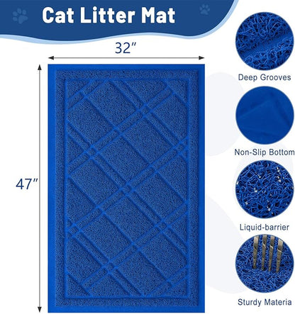 Smiry Cat Litter Box Mat 47x32, Non-Slip Water Resistant Litter Trapping Mat, Easy Clean Less Waste and Urine-Locking Cat Carpet for Indoor, Blue
