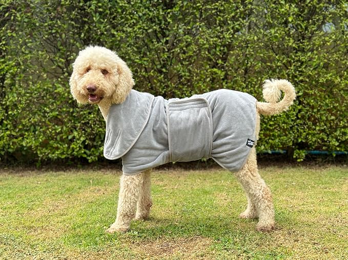Tuff Pupper Fast Drying Dog Bath Robe | 800 GSM Plush Dog Towel Bathrobe/Dressing Gown | Super Absorbent Pet/Puppy Bathrobe | Adjustable Hood & Belly Strap | Super Soft | Fast Drying (XXXL, Gray)