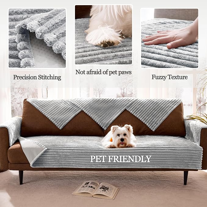 Dual Non-Slip Couch Cover for Dogs Waterproof, Fuzzy Soft Pet Couch Covers for Sofa 3 Cushion, Pet Friendly Soft Dog Bed Covers Sofa Cover Washable (Seagull Gray, 33" x 75" 1 Pack)
