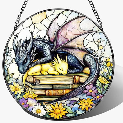 Stained Glass Window Hanging, 8 Inch Dragon Stained Glass Suncatcher, Dragon Decor, Home Decor for Windows, Book Lover Gift, Gifts for Book Lovers, Gifts for Bookworm on Birthday Christmas