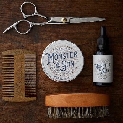 Monster&Son Premium 7-Item Organic Beard Kit - Beard Oil, Beard Balm, Beard Brush, Beard Comb, Scissors, Canvas Travel Bag - Male Grooming Kit in Gift Box - Great Mens Birthday Gift - Father's Day