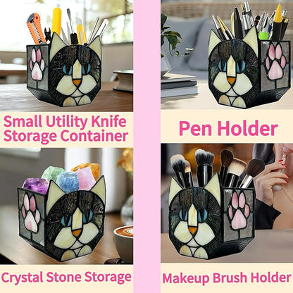 Stained Glass Black Cat Flower Pot,Succulent Pots with Drainage,Unique Black Cat Planter,Flower Pots for Indoor Plants,Glass Container Display Decoration,Cute Plant Gifts