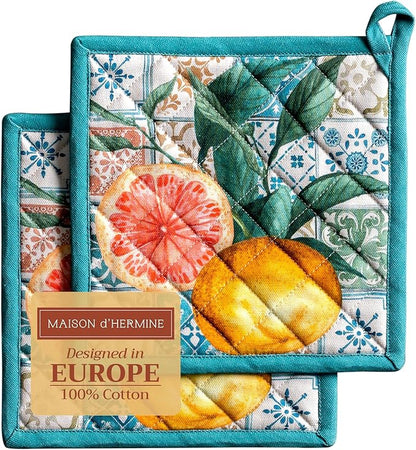 Maison d' Hermine Pot Holders Set 100% Cotton Heat Resistant Potholders 8" x 8" Hot Pads with Loop BBQ, Cooking, Baking, Grilling, Kitchen, Handling Hot Pans Spring/Summer (Pack of 2, Agrume)