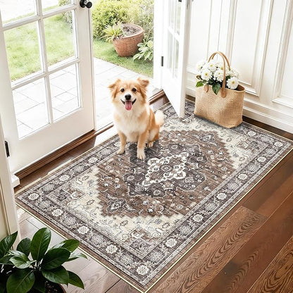 Washable 2x4 Entryway Area Rugs: Abstract Water-Resistant Kitchen Sink Rug Indoor Low Pile Nursery Room Carpet Anti-Slip Netural Bathroom Runner Rug Small Soft Beside Floor Mat for Bedroom(2x4,Brown)
