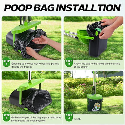 UPSKY Dog Pooper Scooper Swivel Bin & Rake Kit with 100 Waste Bags,33.4" Stainless Steel Long Handle Heavy Duty Pet Poop Shovel for Large Medium Small Dogs, Odor-Proof Lid for Yard/Lawn/Outdoor Use