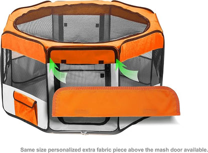 Pawer 45”×24” 8-Panel Foldable Pet Playpen, Orange+Grey, Personalize Embroidery Extra Fabric Piece Available, for Cat/Dog/Puppy, 600D Oxford Cloth Portable Indoor & Outdoor Kennel with Carry Bag