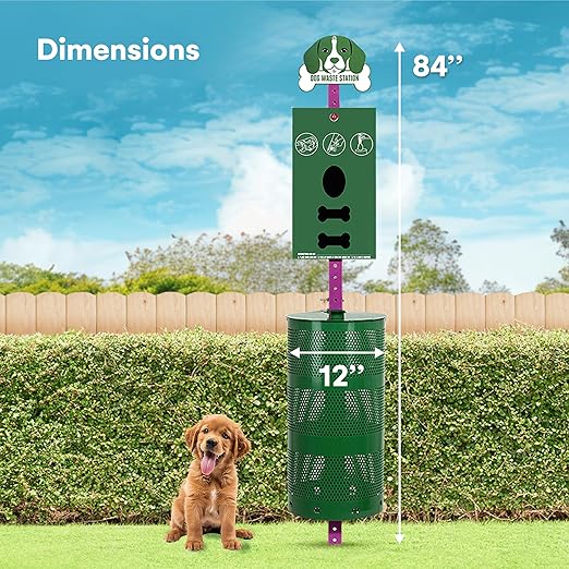Flybold Dog Waste Station - Outdoor Dog Poop Trash Can with Poop Bag Dispenser - 400 Roll Bags, 100 Pull Bags, 50 Can Liners - Pet Waste Bag Disposal System for Parks and Public Spaces - 13x26 Inches
