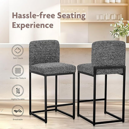 ALPHA HOME 24" Bar Stools Set of 2 Kitchen Counter Stools with Back, Counter Height Stools with Upholstered Footrest for Kitchen Island, Metal Steel Frame, Chenille, Black