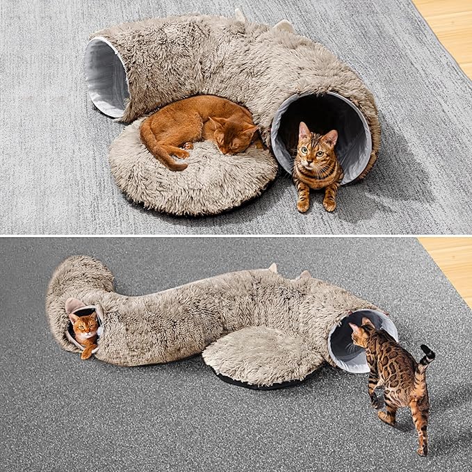 Cat Tunnel with Cat Bed for Indoor Cats, Soft Plush Peekaboo Cat Cave Donut Tunnel, Multifunctional Playground Toys Hideplace for Small Medium Large Kittens, Rabbit, Ferret, Brown