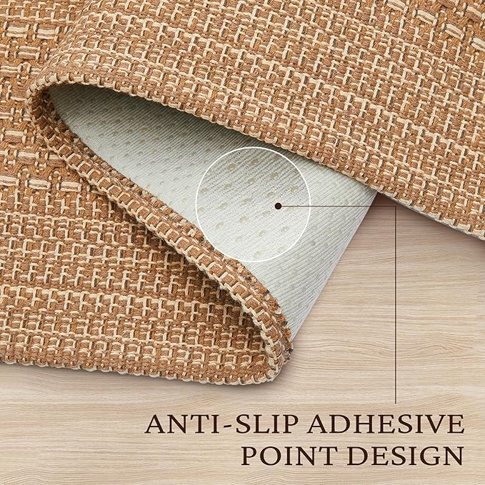 2x3 Textured Washable Entry Rug, Natural Woven Low-Profile Door Mat with Non-Slip TPR Backing, Light Brown, for Entryway, Kitchen, Laundry Room