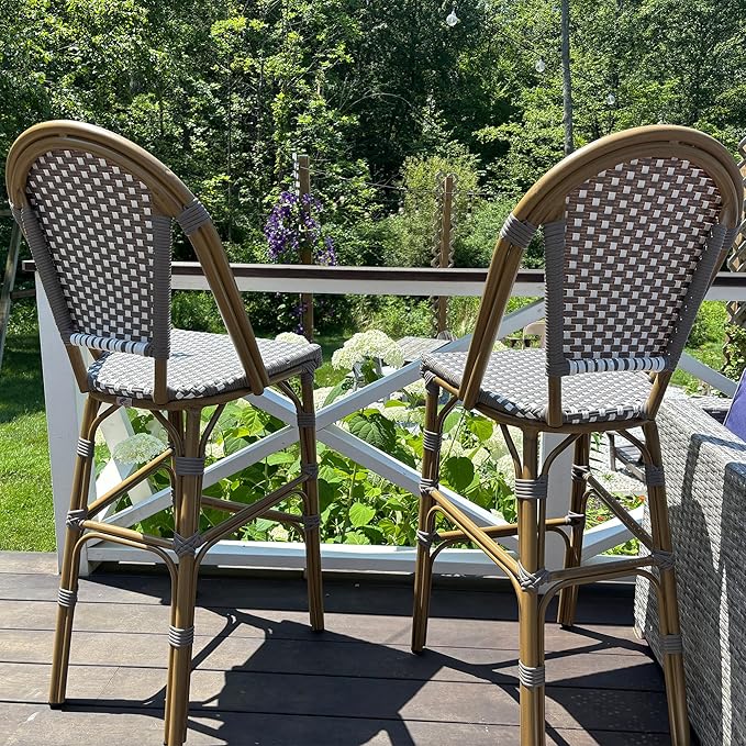 PURPLE LEAF French Bar Stool Set of 4 Bamboo Print Finish Patio Bar Stools with Back Wicker Bar Height Stool 30" with Footrest Kitchen Island Stools Outdoor Barstool Grey