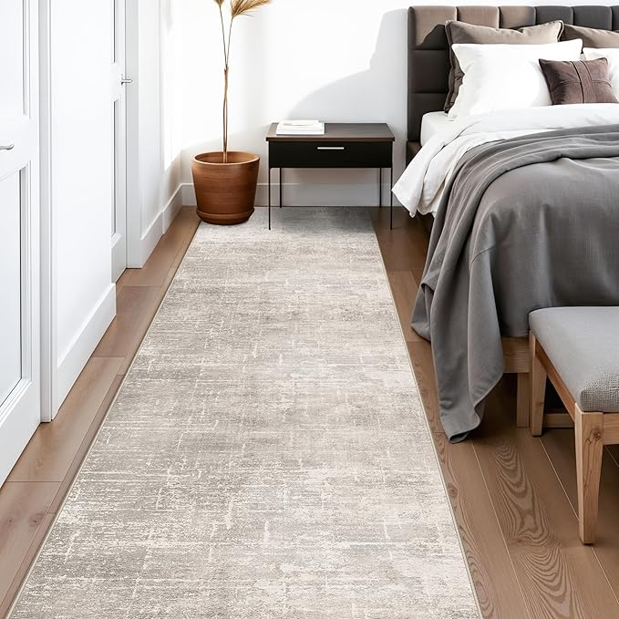 Hallway Washable Runner Rug - 2'6x14 Kitchen Rugs Stain Resistant Entryway Area Rug Abstract Soft Floor Mat Non-Slip Indoor Farmhouse Carpet for Bathroom Living Room Bedroom(2'6x14,Beige/Cream