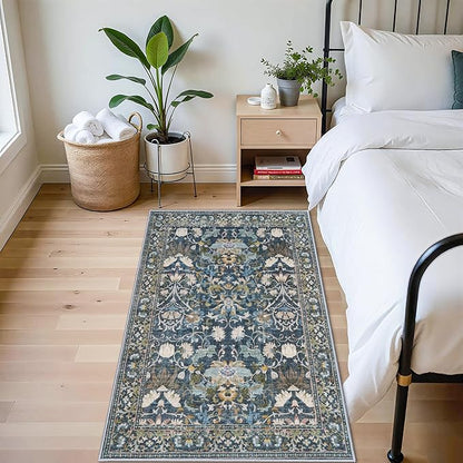 4x6 Living Room Area Rugs: Washable Boho Bedside Rugs Non Slip Low Pile Floral Small Carpet for Kitchen Bedroom Non-Shedding Floor Mat for Kids Room Office Dining Room(4x6 Floral/Blue)