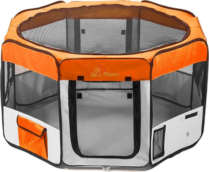 Pawer 45”×24” 8-Panel Foldable Pet Playpen, Orange+Grey, Personalize Embroidery Extra Fabric Piece Available, for Cat/Dog/Puppy, 600D Oxford Cloth Portable Indoor & Outdoor Kennel with Carry Bag