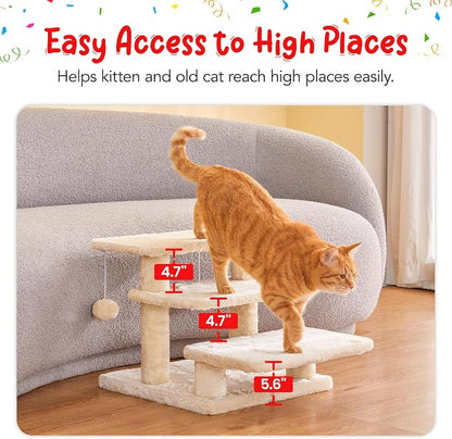 15''H Multi-Step Pet Stairs for High Beds & Sofas, 3-Step Cat Stairs with 2 Toy Balls, Wide Boards for Indoor Kittens Dogs Pets Climbing, Beige