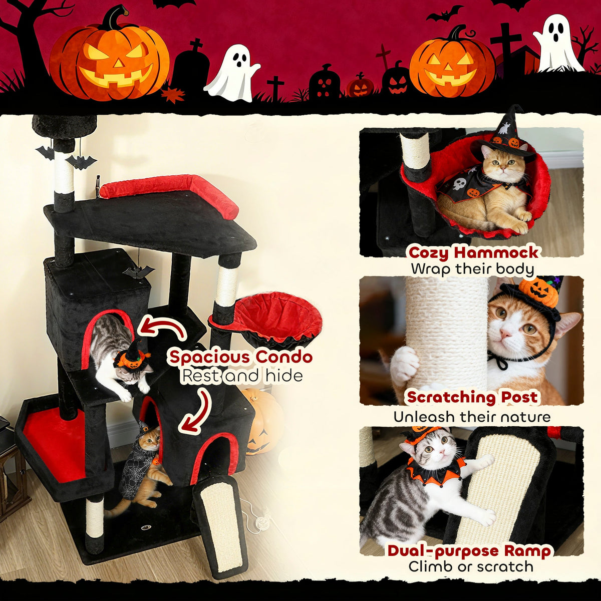 78" Gothic Cat Tree, Cat Tower with Coffin Bed, 2 Spacious Condos, Sisal Scratching Posts, Bat Hanging Balls, Halloween