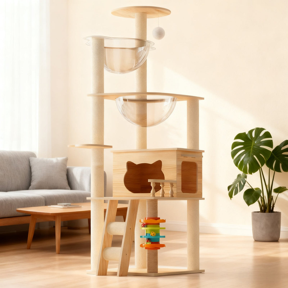 59" Modern Cat Tower, Wood Cat Tree Tower for Indoor Cats, Cat Treewith Sisal-Covered Scratching Posts and Top Perch, Cat Condo with Acrylic Hammock for Small Large Cats