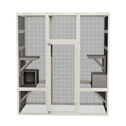 62.6" Gray Outdoor Wooden Cat House Large Catio, Solid Wood Cat Cage Shelter Enclosure Playpen with Anti-UV& Waterproof, 5 Platforms and 2 Resting Boxes