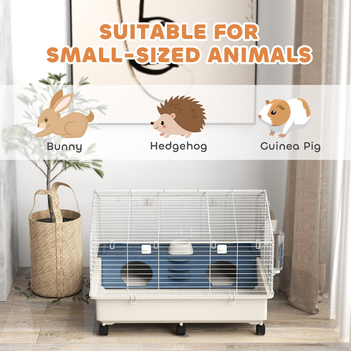 Rolling Small Animal Cage with Water Bottle, Hay Feeder, Food Dish for Rabbits, Hedgehogs, Guinea Pigs, 35" x 35" x 25"