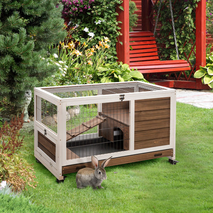 Indoor Rabbit Enclosure, On Wheels, Indoor Bunny Cage Small Animal House With Pull Out Tray Casters Ramp, 35.5 X 21 X 23, Brown