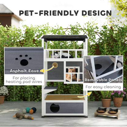 Wooden Outdoor Cat House, Feral Cat Shelter Kitten Condo with Asphalt Roof, Escape Doors, Condo, Jumping Platform, Gray