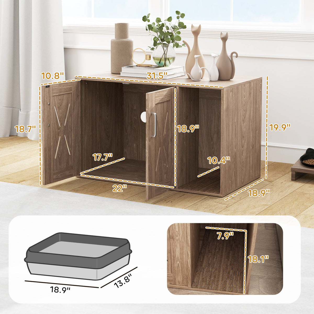 Cat Litter Box Enclosure With Scratching Board, Cat Washroom End Side Table, 31.5 X 19X 20, Walnut Brown