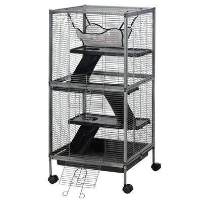 PawHut Metal Small Animal Cage Rolling Big Ferret Cage, Chinchilla Cage, Sugar Glider Cage, With Hammock & 4 Tiers, Removable Tray, Gray