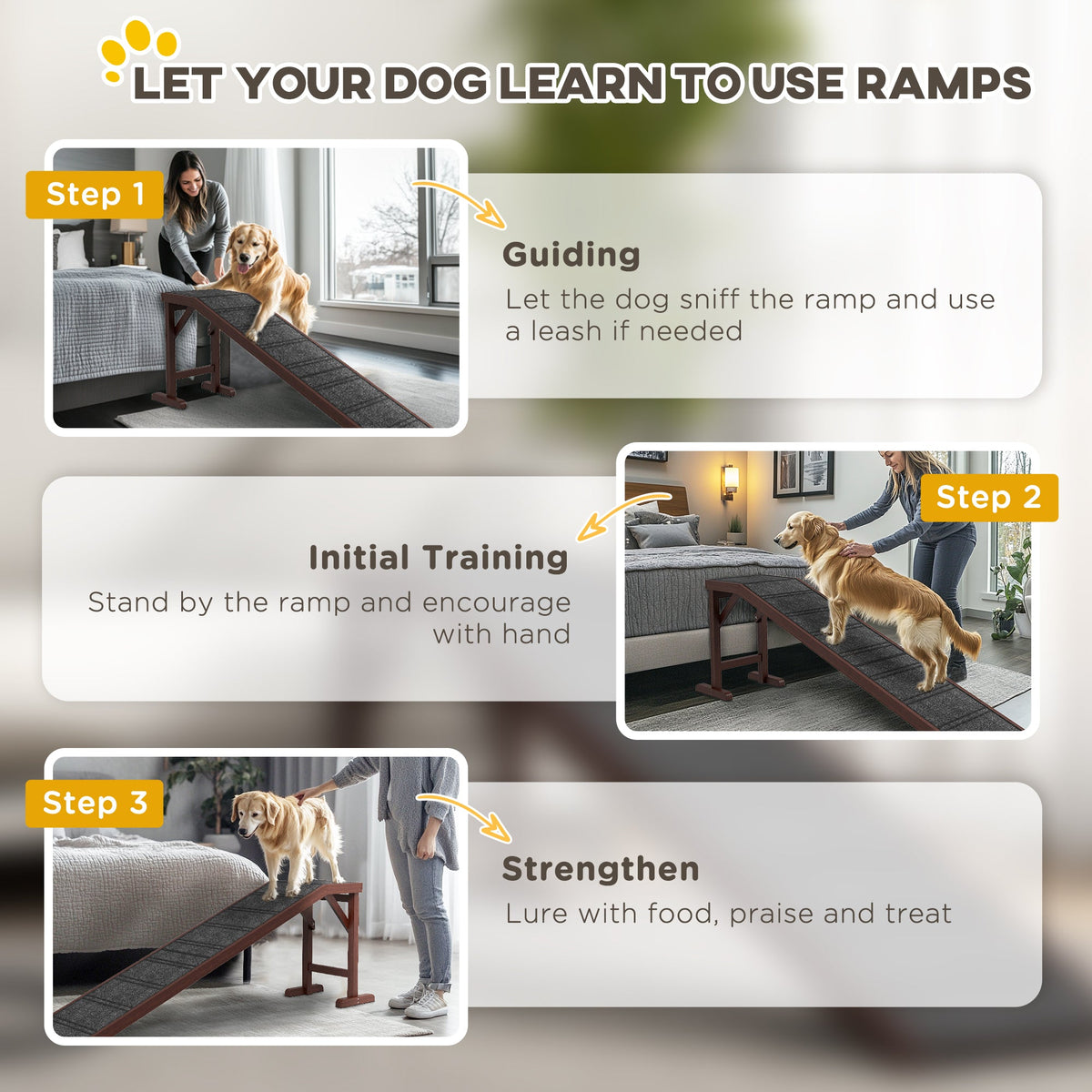 Dog Ramp for Bed, Pet Ramp for Dogs with Non-Slip Carpet and Top Platform, 74" x 16" x 25", Brown