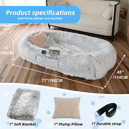Oversized Human Dog Bed For Adults & Pets, 71 In X45 In X 12 In Ultra Soft Faux Fur Lounger, Washable Floor Bed With Orthopedic Support, Pillow & Blanket Included For Cozy Rest