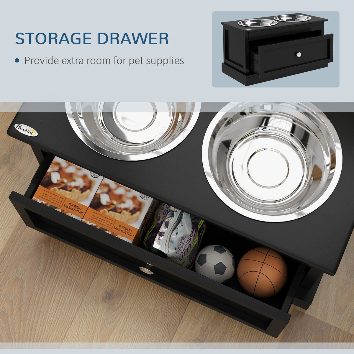 Elevated Dog Bowls with Storage Drawer, Raised Dog Bowl Stand Pet Food Bowl Dog Feeding Station, Black