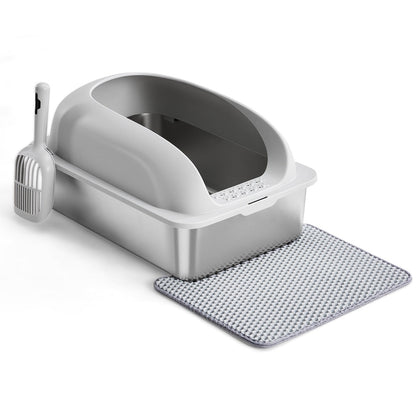 Stainless Steel Cat Litter Box With Lid, Large Cat Litter Box For Big Cats, Scoop And Mat Included