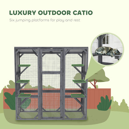 Large Wooden Catio Outdoor With 6 Jumping Platforms, Weatherproof Roof, For 1-3 Cats, 59 X 28 X 60, Gray