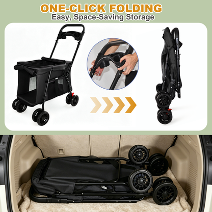 Pet Stroller, Foldable 4-Wheel Design, Breathable Mesh Dog Cat Stroller with Shockproof Wheels, Brake System, Storage Tray, 2 Fixed Safety Leashes, Large Space Pet Carrier for Small Medium Pets,Black