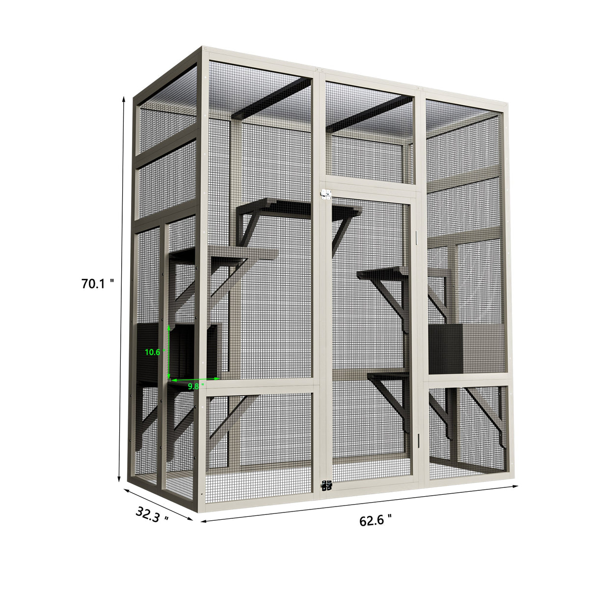 62.6" Gray Outdoor Wooden Cat House Large Catio, Solid Wood Cat Cage Shelter Enclosure Playpen with Anti-UV& Waterproof, 5 Platforms and 2 Resting Boxes